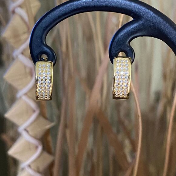 Micro Pave 14K CZ Sterling Silver Gold Hoop Earrings - Picture 6 of 7